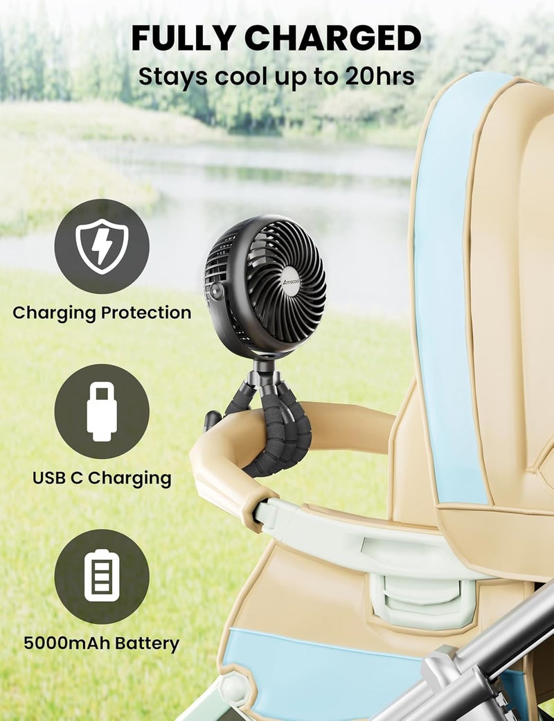 AMACOOL Baby Stroller Fan - 5000mAh Rechargeable, 3-Speed, Strong Yet Quiet, 360°Rotate Portable Clip on Fan for Travel, Car Seat, Crib, Bike, Treadmill, Beach Vacation Essentials - Image 2